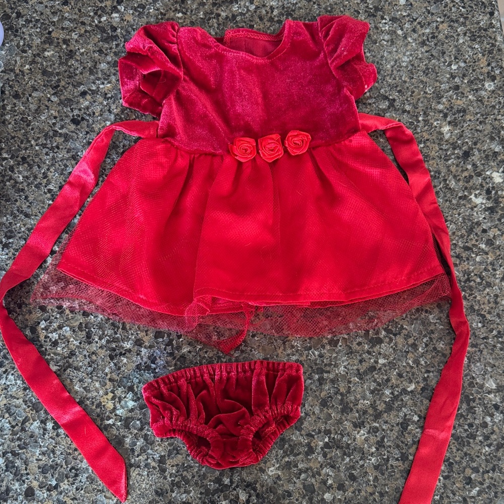 American Girl doll sized off-brand Red Holiday Dress and matching velour undies
